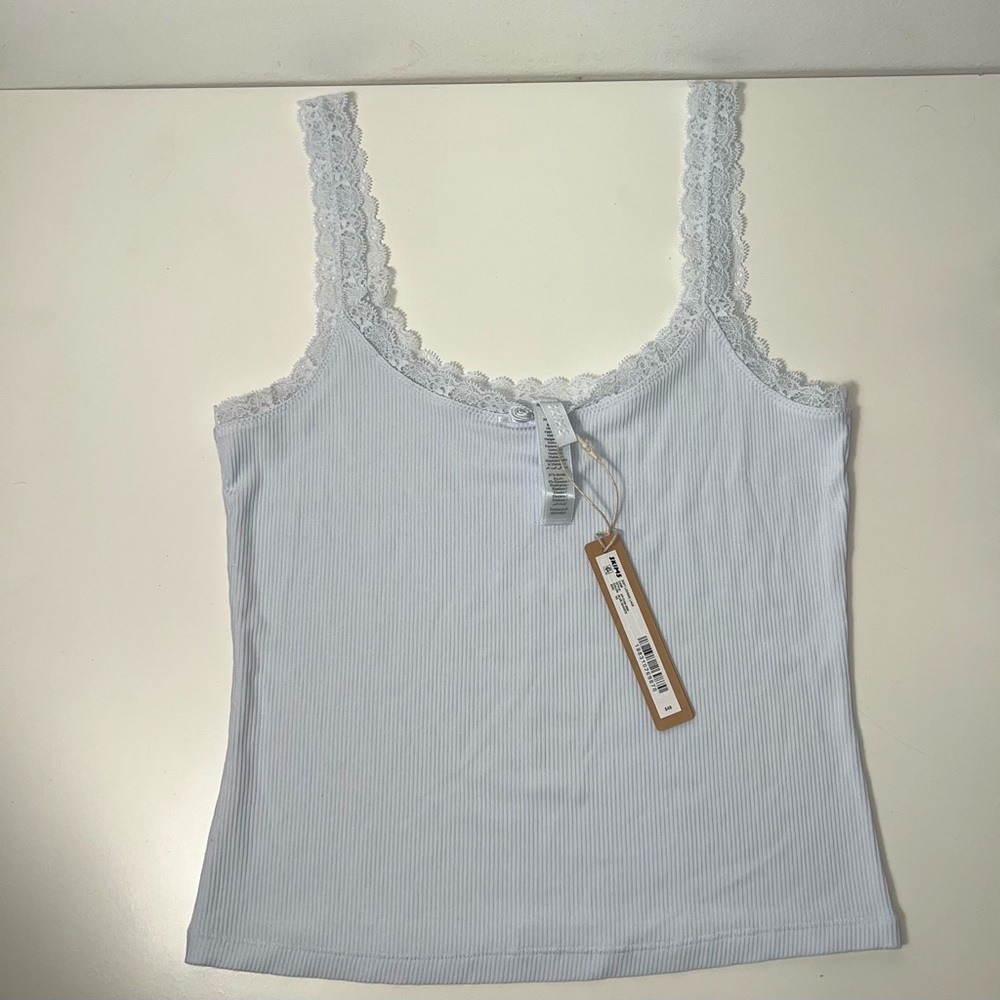 Skims Soft Lounge Lace Trim Ribbed Camisole Cami Shirt in Mineral Blue - Picture 6 of 13